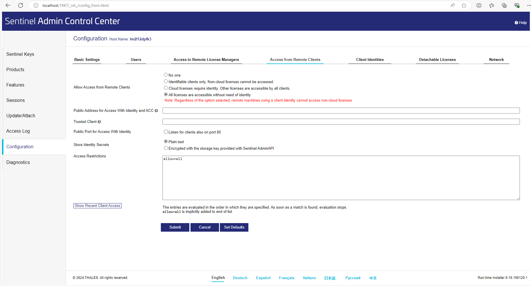 SafeNet HASP Admin Control Center