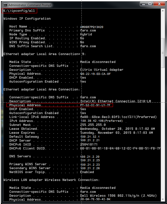 Liste des connexions Ethernet dans la fenêtre DOS