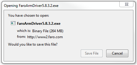 Janela de download do driver FaroArm