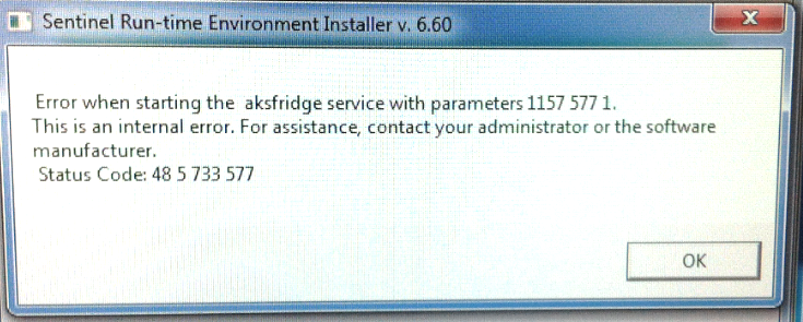 Sentinel Run-time Environment Error Message for the aksfridge Service