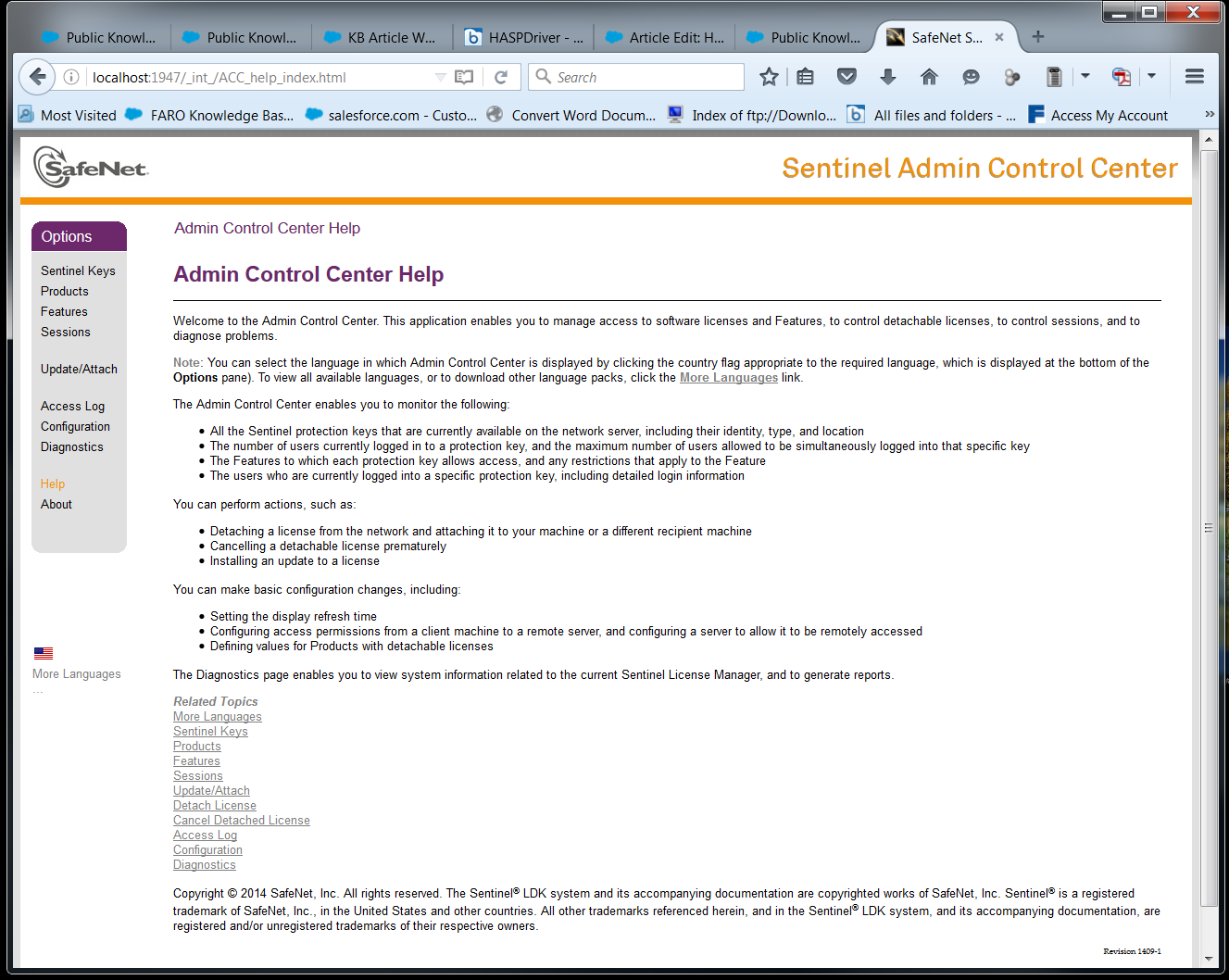 Centro di controllo SafeNet Sentinel Admin